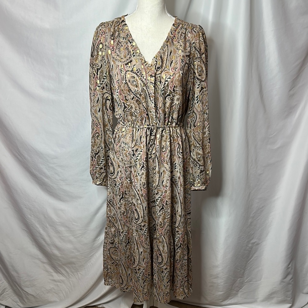 LOFT Paisley Midi Gold Fleck Stretch Waist Tie Dress